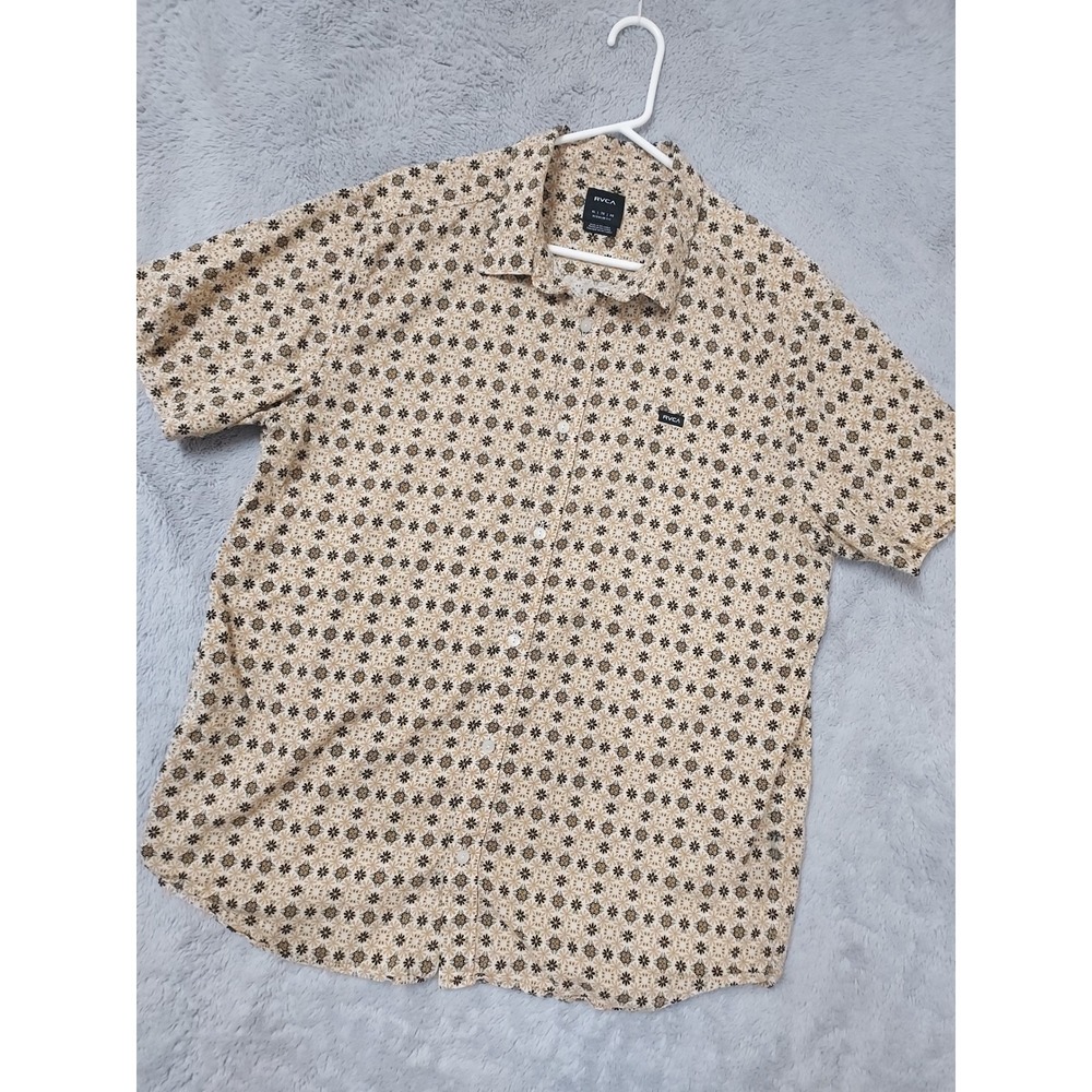 RVCA Shirt Men XL Regular Fit Floral Short Sleeve Button Down Tan Viscose Surfer